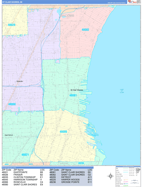 St. Clair Shores Wall Map Color Cast Style
